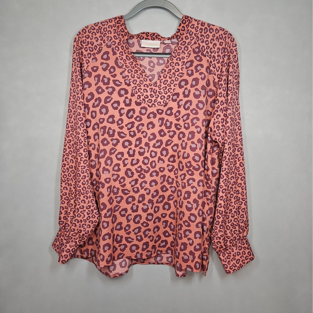 Bell By Kim Gravel Womens Red Leopard Print V Neck Blouse Size Large